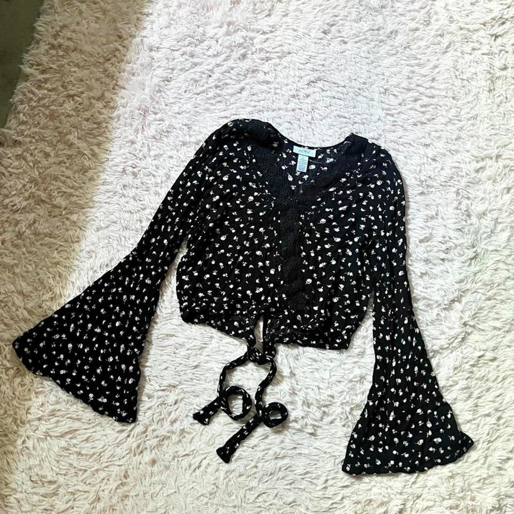 Cottage Core Peasant Milkmaid Prairie Bell Sleeve Floral Delicate Crop Womens L